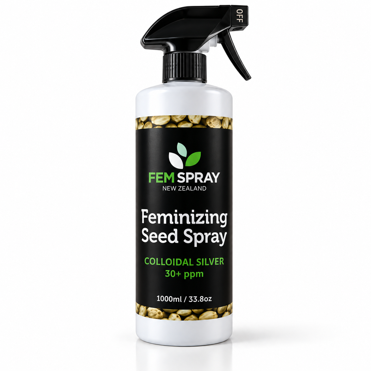 A 1000ml spray bottle of FEM Spray Feminizing Seed Spray, colloidal silver 30+ ppm, featuring a black label with green and white text and a black trigger sprayer, set against a plain white background.