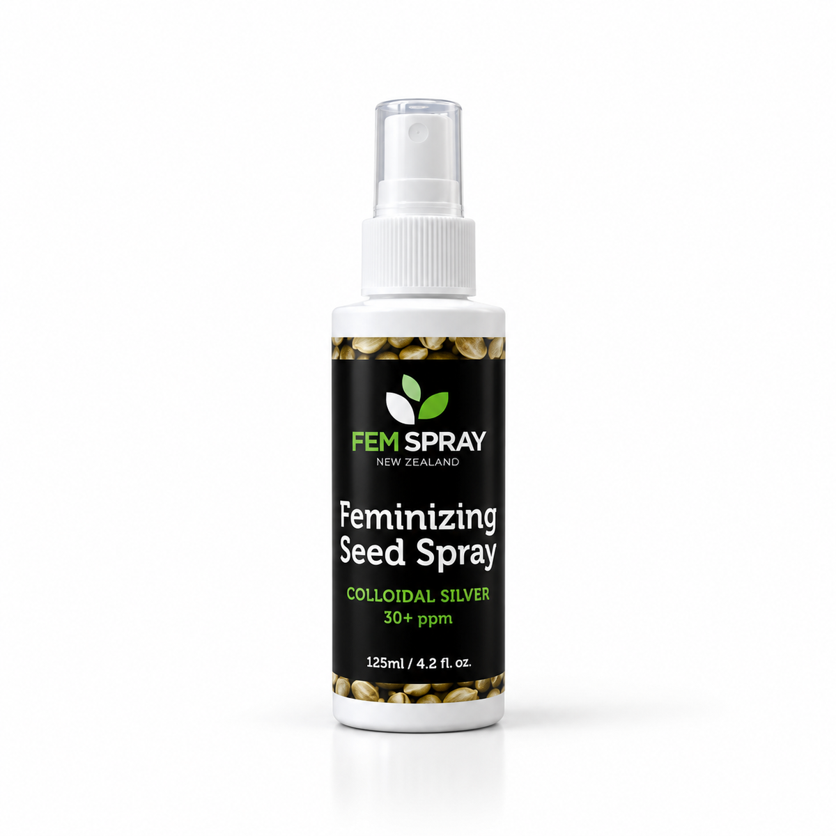 A 125ml spray bottle of FEM Spray Feminizing Seed Spray with Colloidal Silver, featuring a black label with green and white text and a white spray nozzle, set against a plain white background.