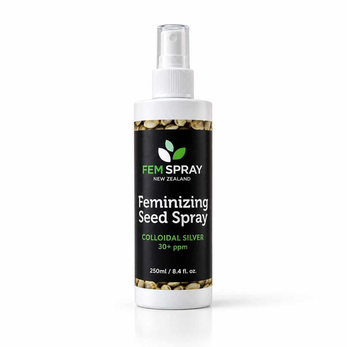 A 250ml spray bottle of FEM Spray Feminizing Seed Spray, colloidal silver 30+ ppm, on a white background with a soft shadow.