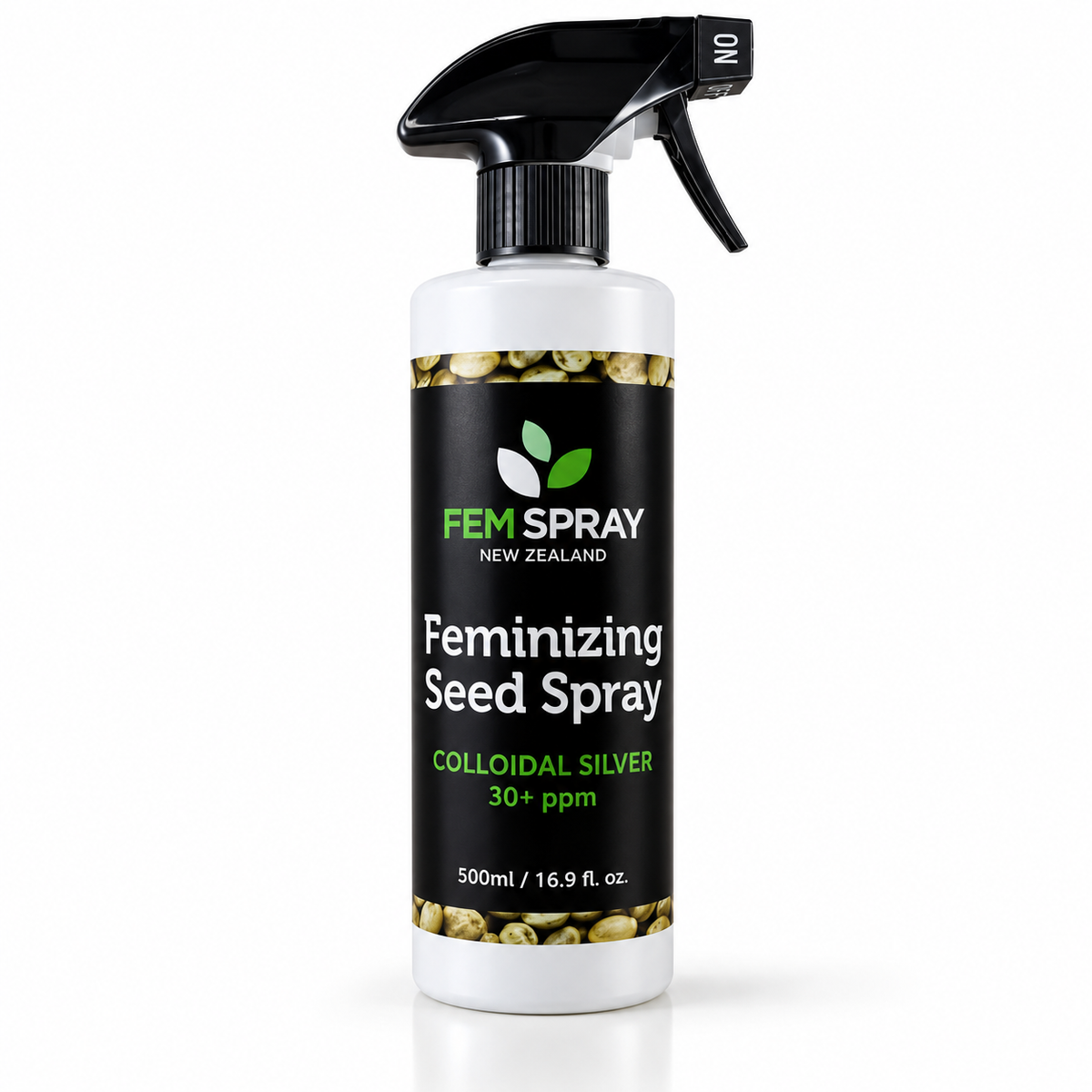 A 500ml spray bottle of FEM SPRAY Feminizing Seed Spray, featuring a black label with green and white text, a black trigger spray cap, and a white plastic bottle body, set against a plain white background.